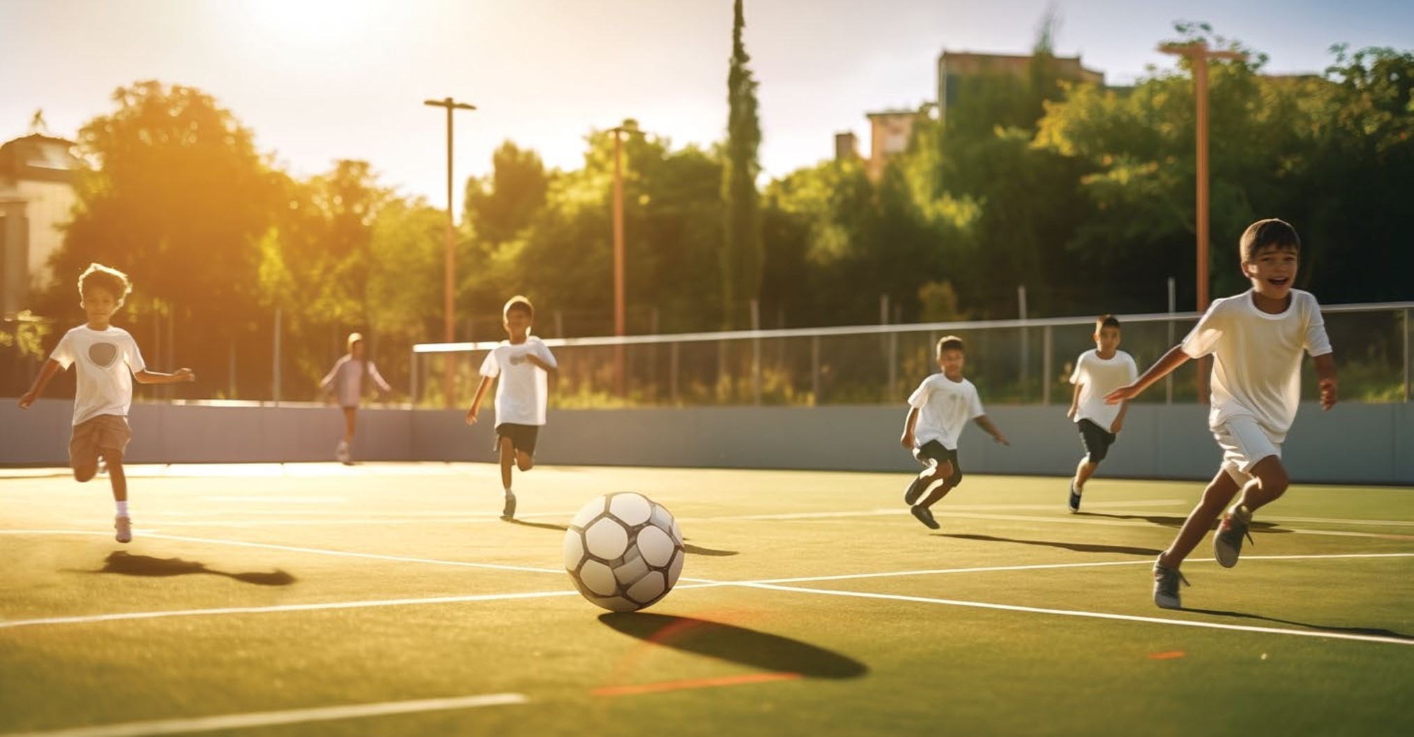 Quadra Esportiva Para Momentos Em Família Crianças Correndo E Jogando Futebol Em Quadra Ao Ar Livre